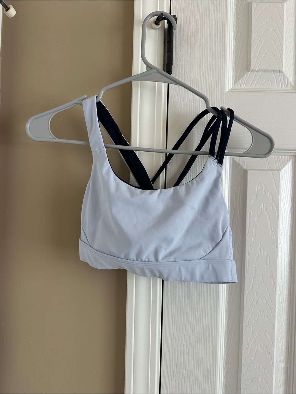Athleta Light Blue Strappy Sports Bra with Navy Back Straps
